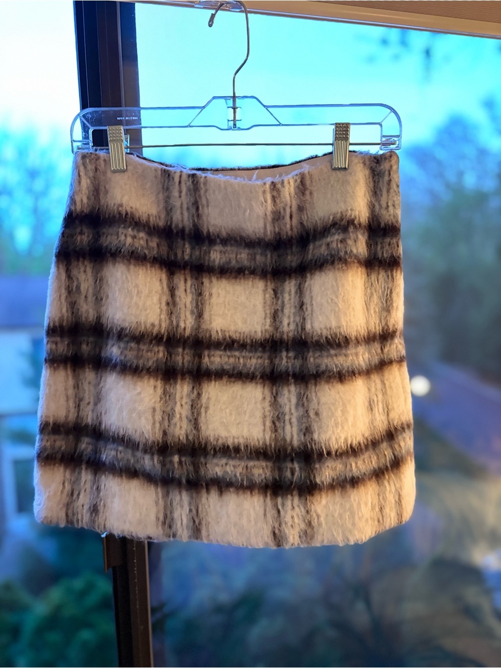 Plaid Faux-Fur Mini Skirt in Cream, Brown and Blue